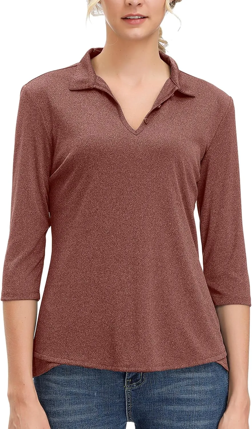 Women's 3/4 Sleeve V Neck Golf Shirt Mositure Wicking Performance Sports Polo T Shirt Tops for Women