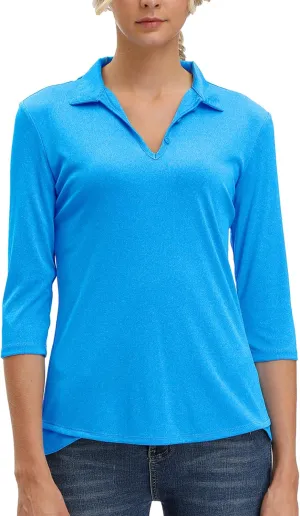Women's 3/4 Sleeve V Neck Golf Shirt Mositure Wicking Performance Sports Polo T Shirt Tops for Women