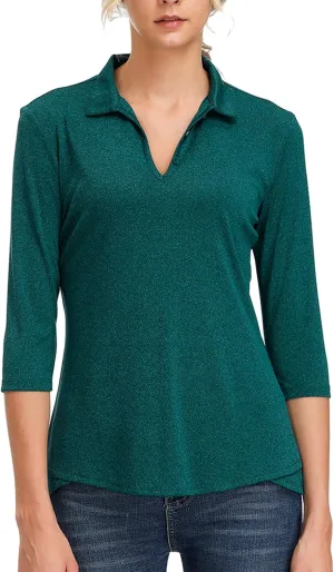 Women's 3/4 Sleeve V Neck Golf Shirt Mositure Wicking Performance Sports Polo T Shirt Tops for Women