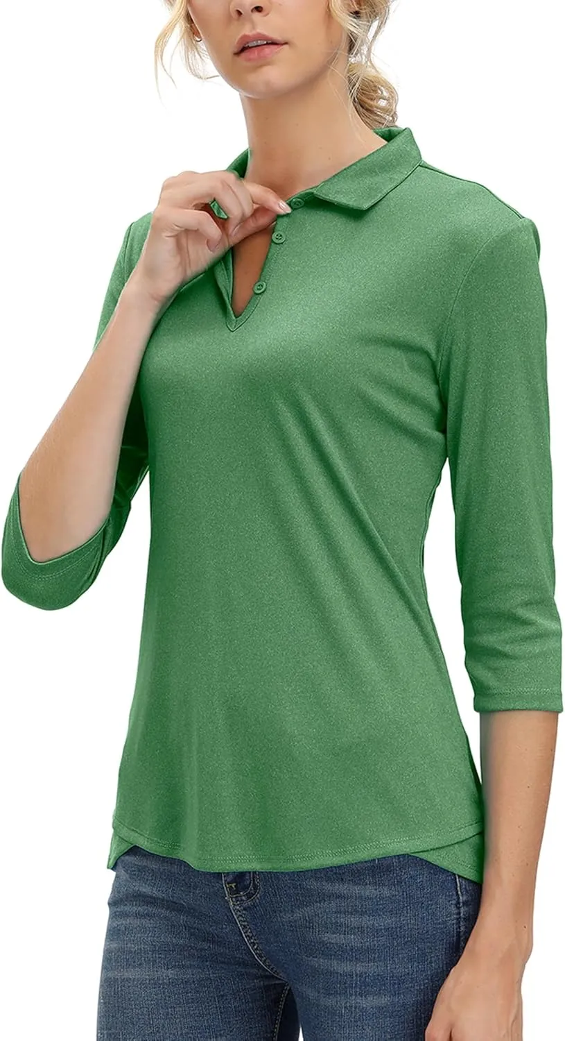 Women's 3/4 Sleeve V Neck Golf Shirt Mositure Wicking Performance Sports Polo T Shirt Tops for Women