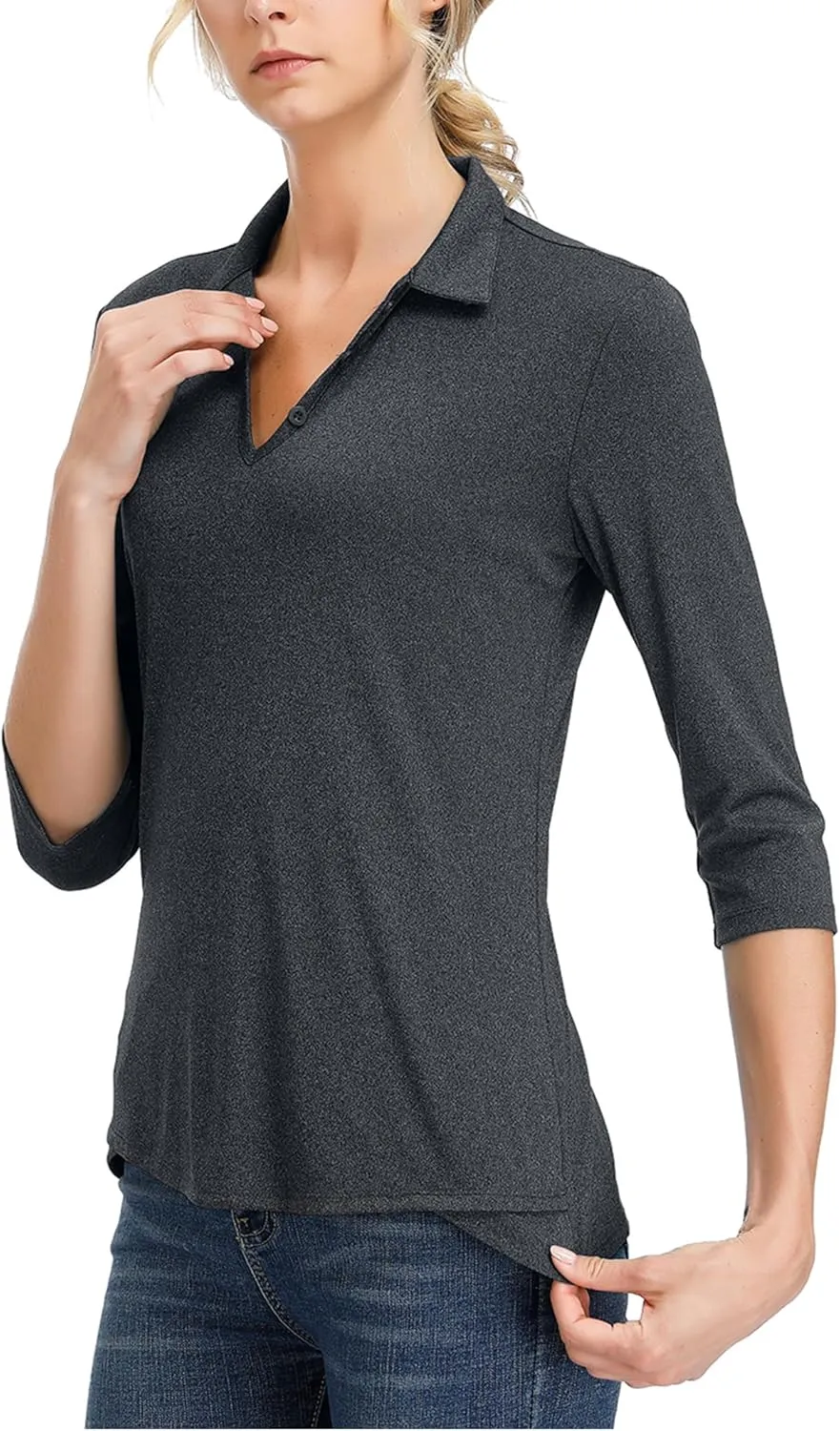 Women's 3/4 Sleeve V Neck Golf Shirt Mositure Wicking Performance Sports Polo T Shirt Tops for Women