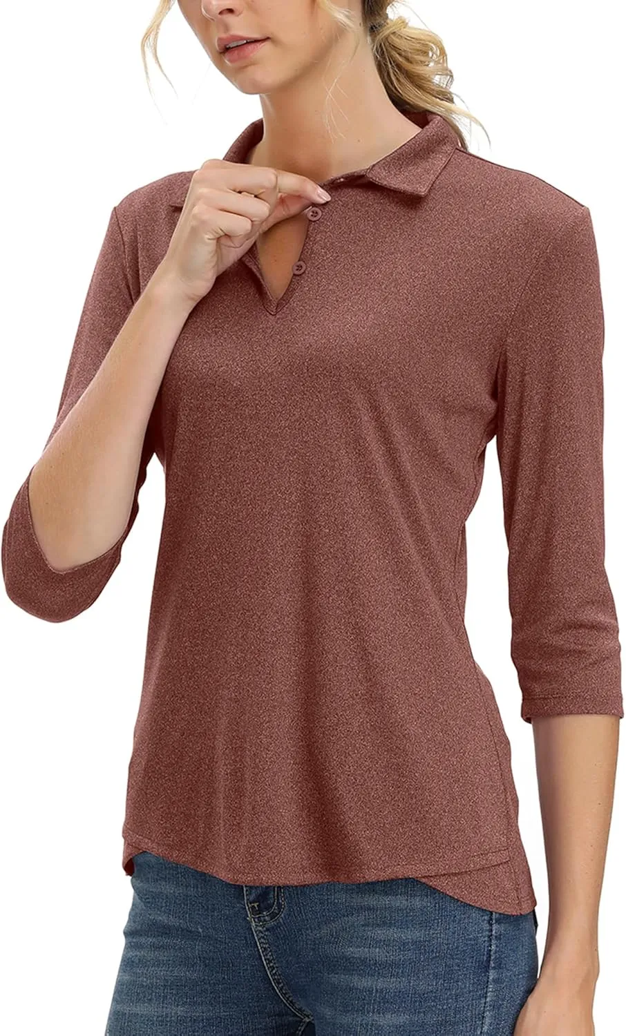 Women's 3/4 Sleeve V Neck Golf Shirt Mositure Wicking Performance Sports Polo T Shirt Tops for Women