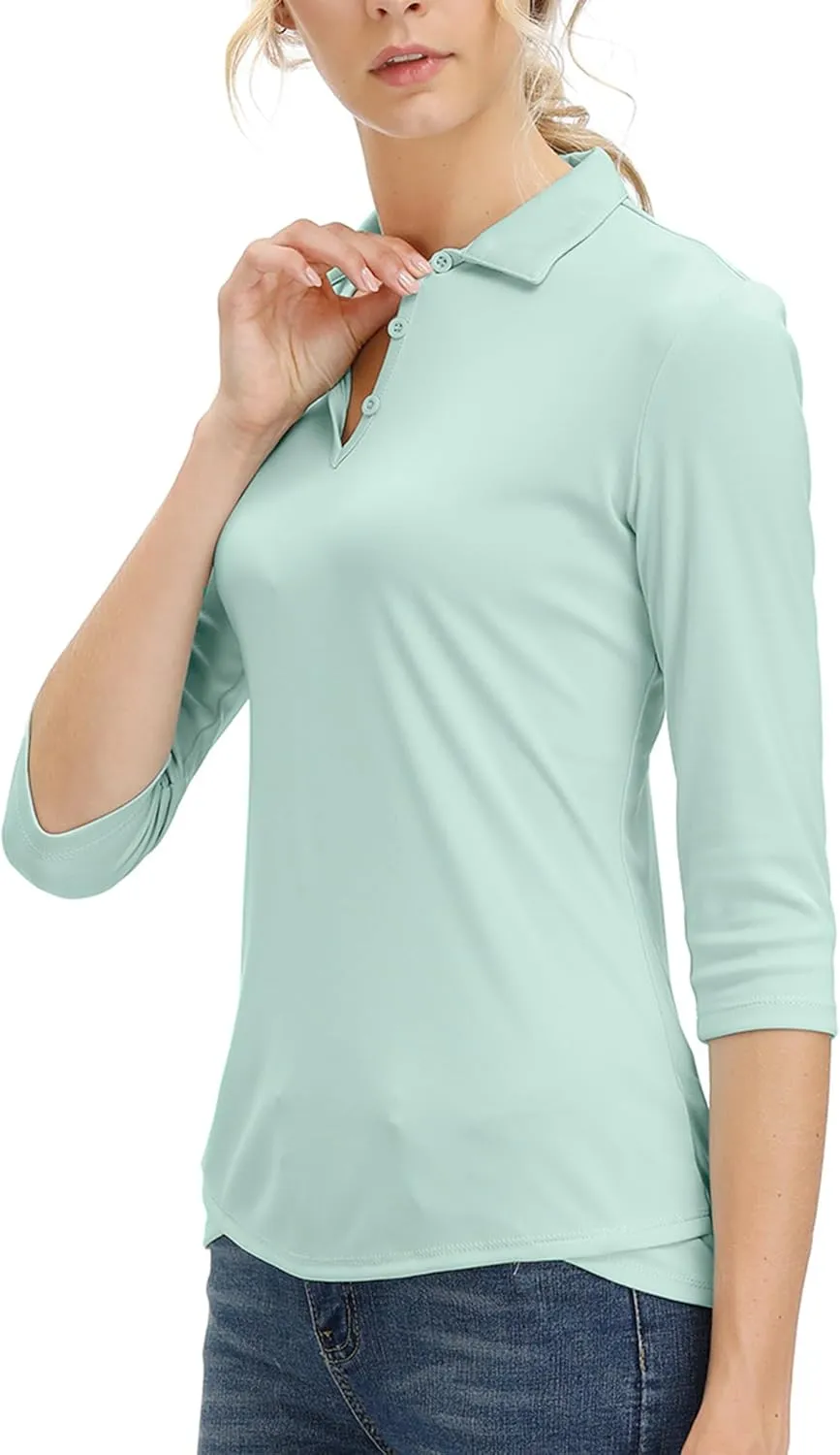 Women's 3/4 Sleeve V Neck Golf Shirt Mositure Wicking Performance Sports Polo T Shirt Tops for Women