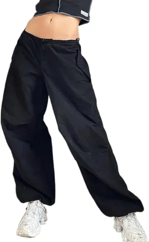 Womens Baggy Cargo Pants Low Waist Loose Wide Leg Trousers Cinch Drawstrings Joggers Sweatpants Hippie Streetwear