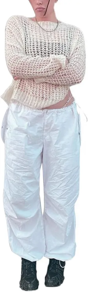 Womens Baggy Cargo Pants Low Waist Loose Wide Leg Trousers Cinch Drawstrings Joggers Sweatpants Hippie Streetwear