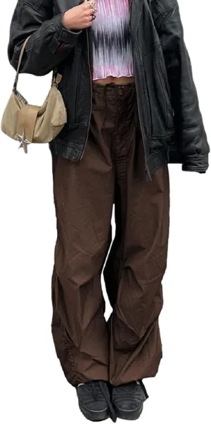 Womens Baggy Cargo Pants Low Waist Loose Wide Leg Trousers Cinch Drawstrings Joggers Sweatpants Hippie Streetwear