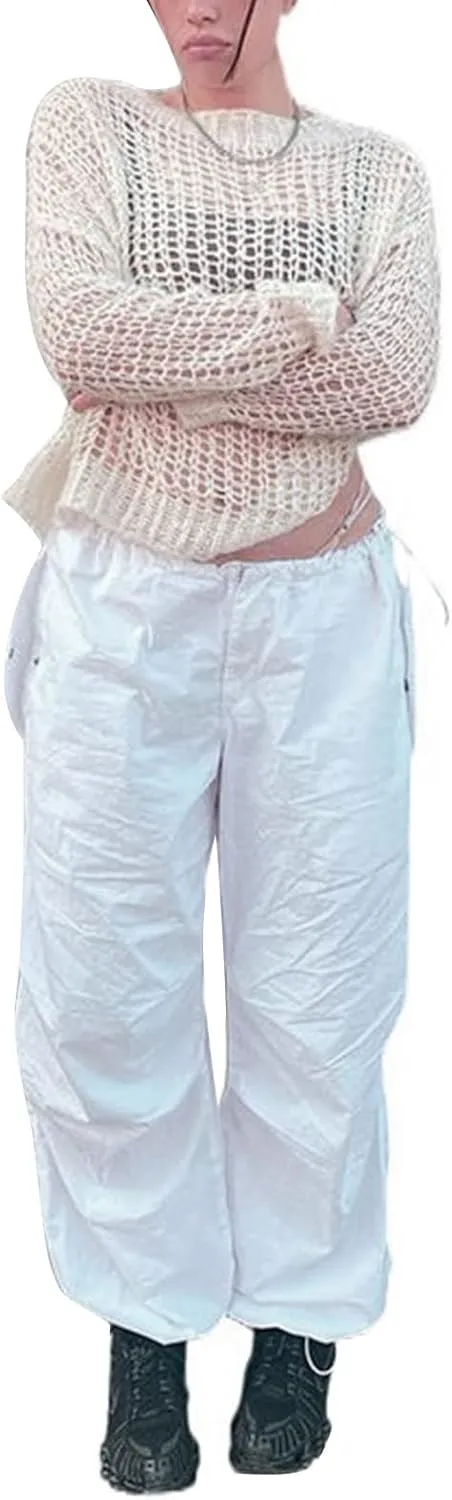 Womens Baggy Cargo Pants Low Waist Loose Wide Leg Trousers Cinch Drawstrings Joggers Sweatpants Hippie Streetwear