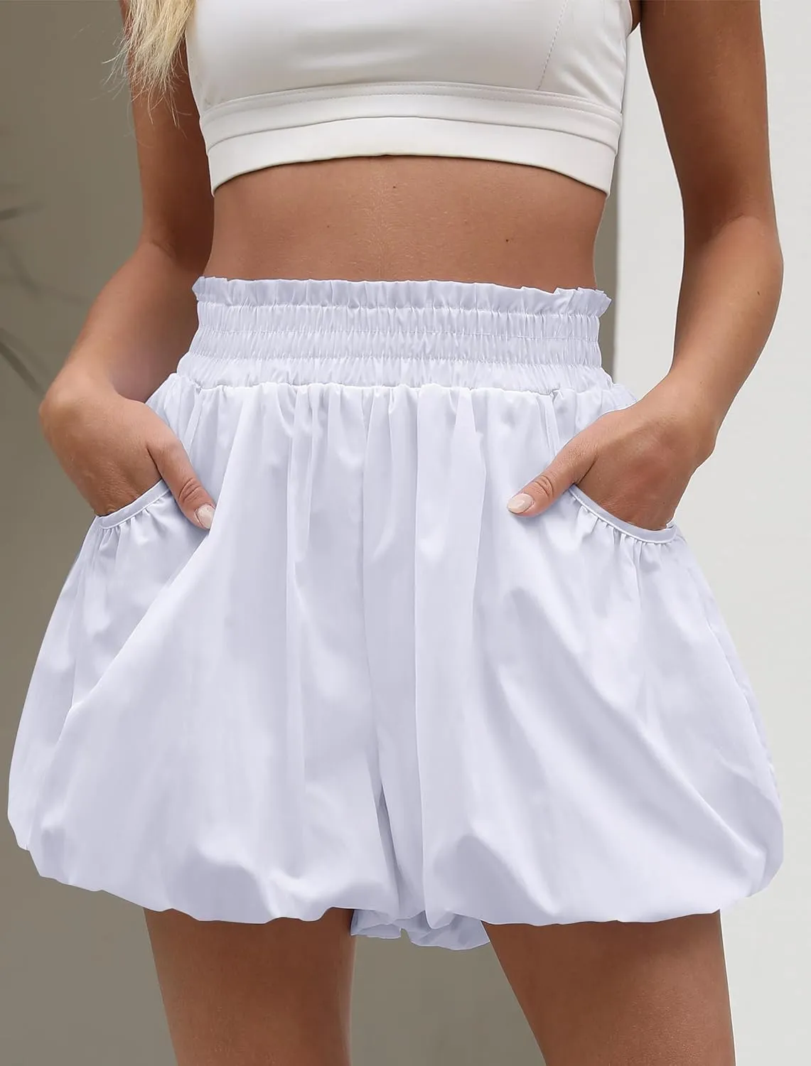 Womens Bubble Shorts Ruffled High Waisted Cute Skorts with Pockets Boho Casual Mini Go Out Skirts