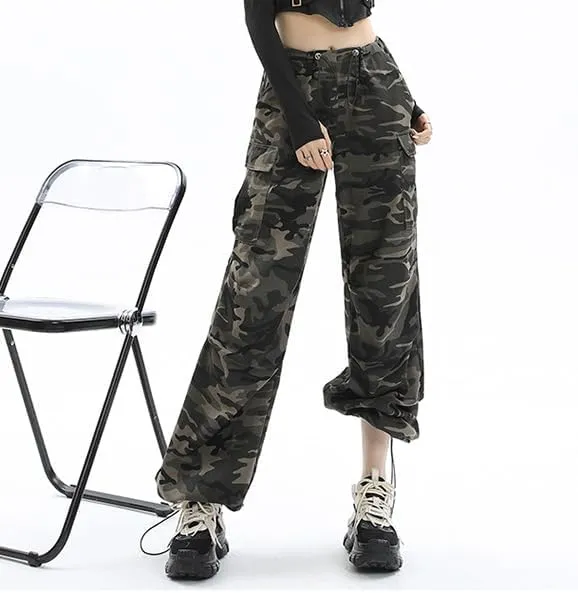 Women's Camo Cargo Pants High Waist Fit Trousers Camouflage Casual Elastic Waist Drawstring Pants with Pocket