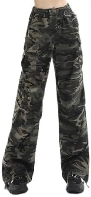 Women's Camo Cargo Pants High Waist Fit Trousers Camouflage Casual Elastic Waist Drawstring Pants with Pocket