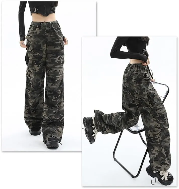 Women's Camo Cargo Pants High Waist Fit Trousers Camouflage Casual Elastic Waist Drawstring Pants with Pocket