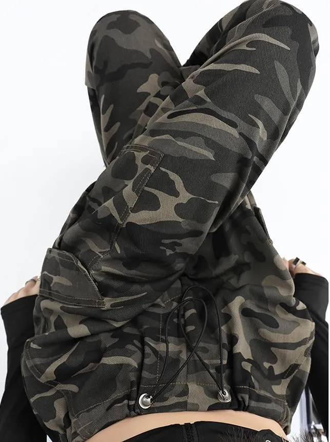 Women's Camo Cargo Pants High Waist Fit Trousers Camouflage Casual Elastic Waist Drawstring Pants with Pocket
