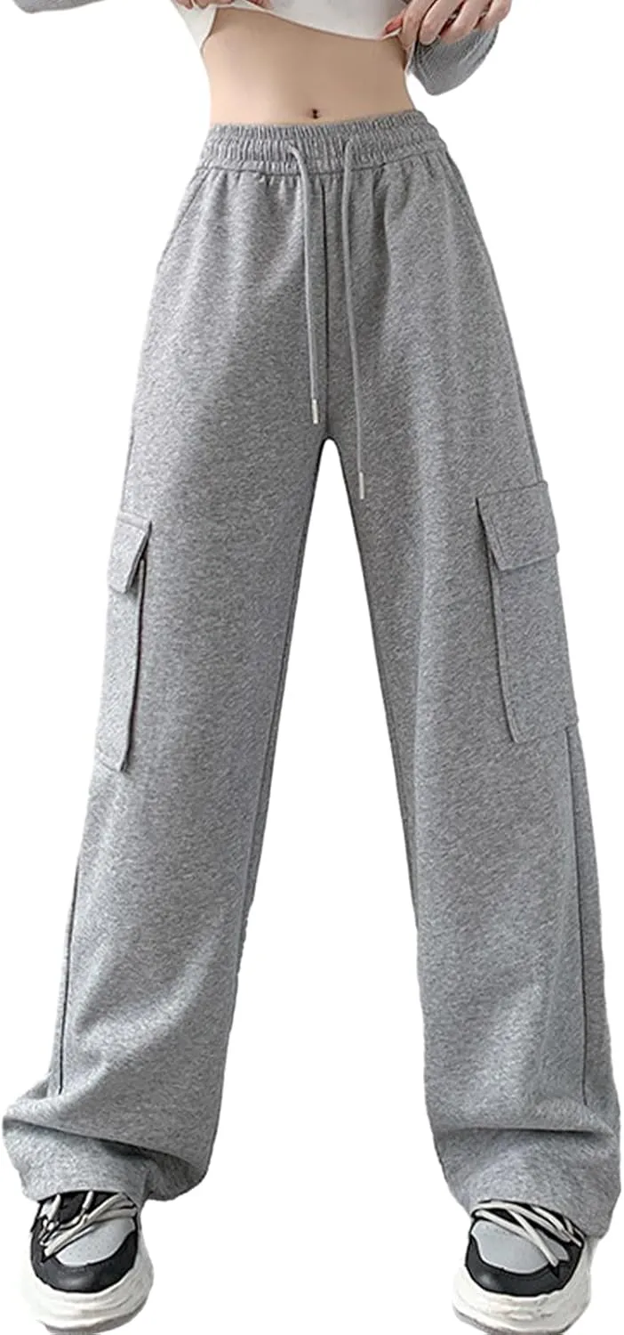 Womens Cargo Sweatpants Drawstring Elastic Waist Joggers Pants Baggy Athletic Y2K Trousers with Pockets