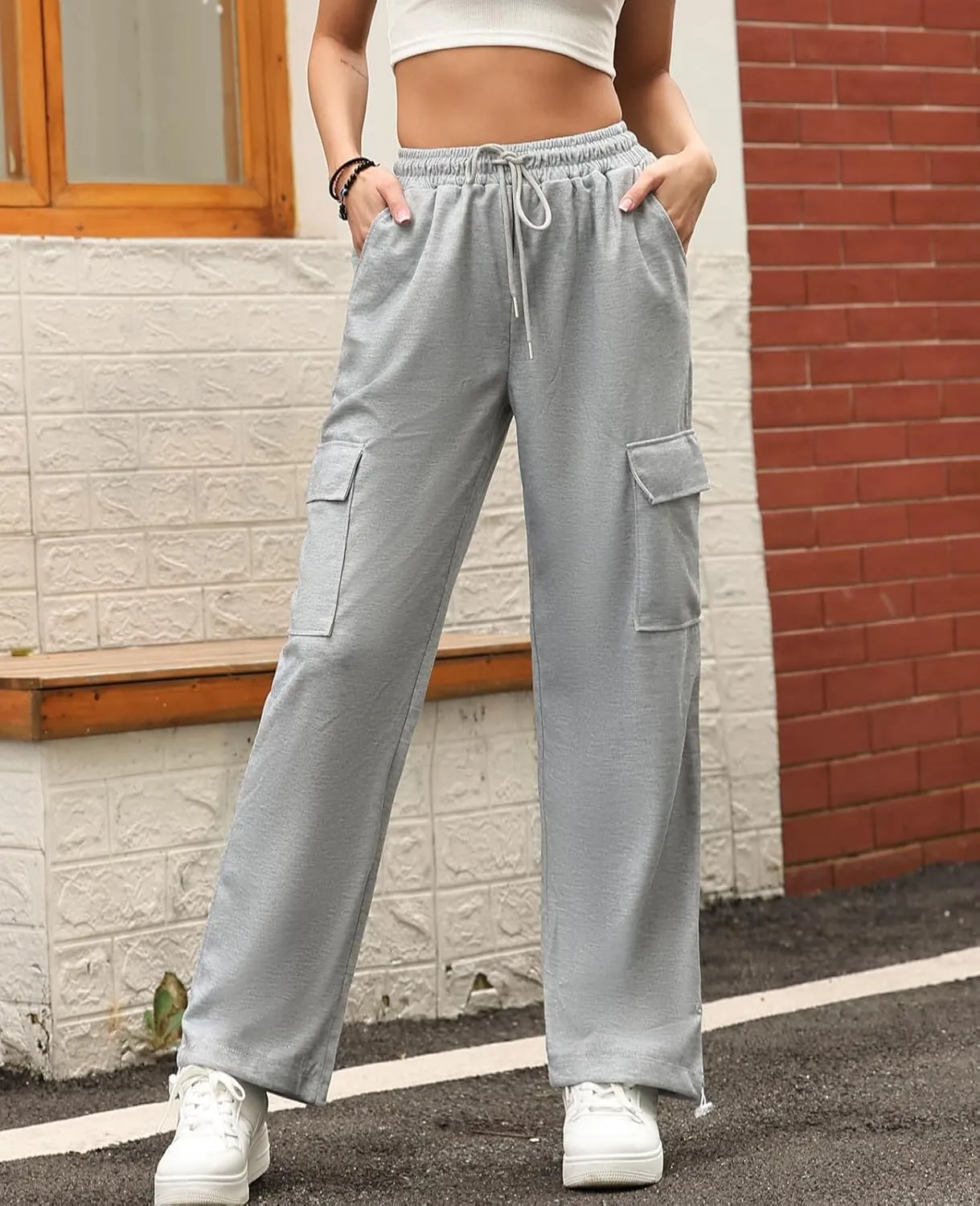 Womens Cargo Sweatpants Drawstring Elastic Waist Joggers Pants Baggy Athletic Y2K Trousers with Pockets