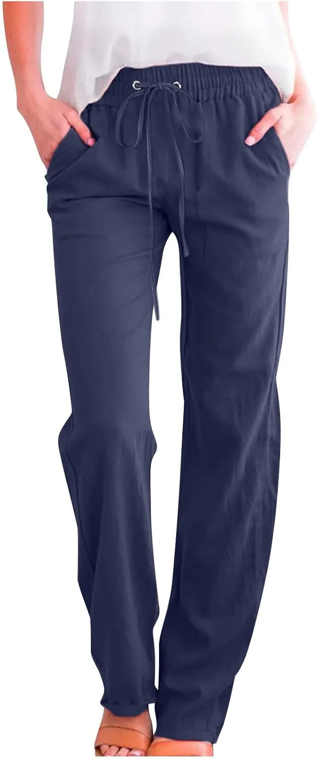 Womens Casual Summer Pants 2024 Straight Leg Drawstring Elastic High Waist Cotton Linen Pants Loose Comfy Trousers