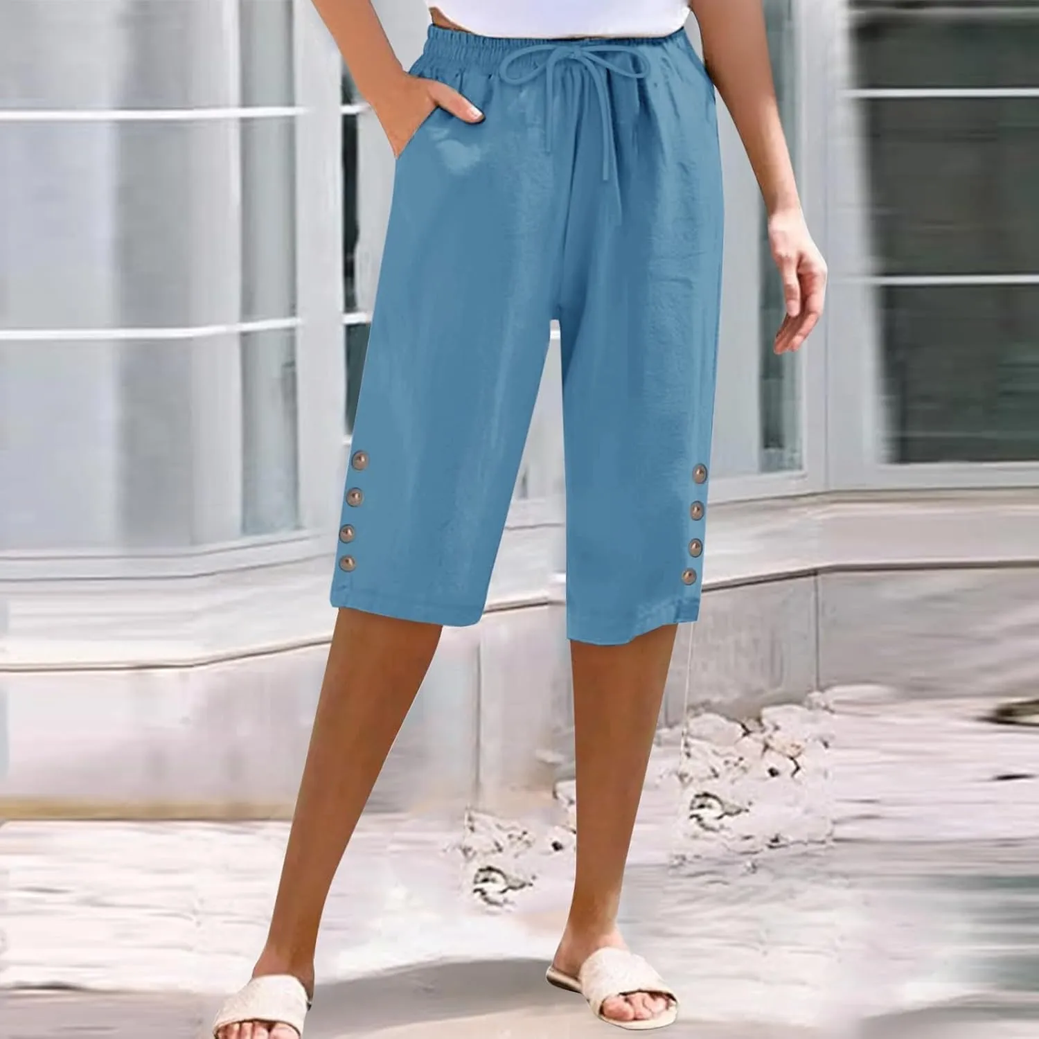 Women's Cotton Linen Capri Straight Leg Pants Elastic Drawstring Casual Trousers with Pockets Summer Beach Pants