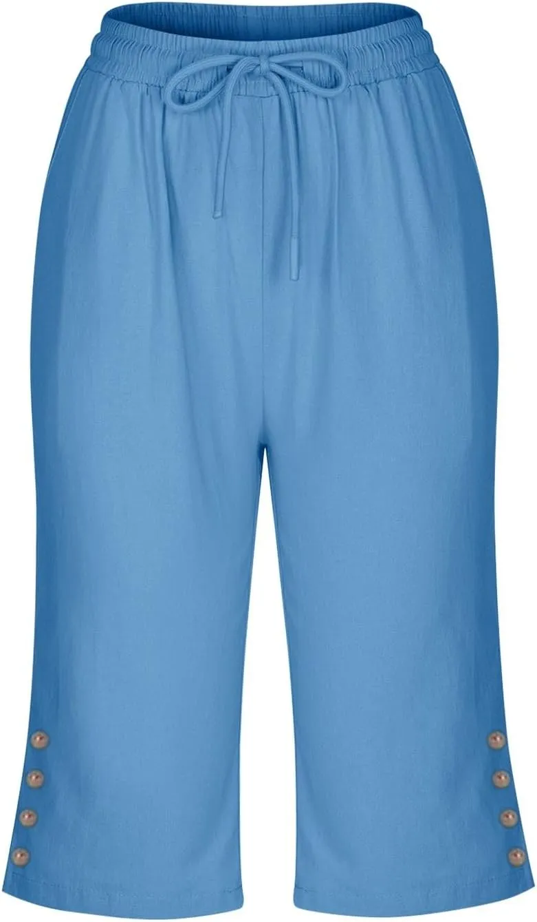 Women's Cotton Linen Capri Straight Leg Pants Elastic Drawstring Casual Trousers with Pockets Summer Beach Pants