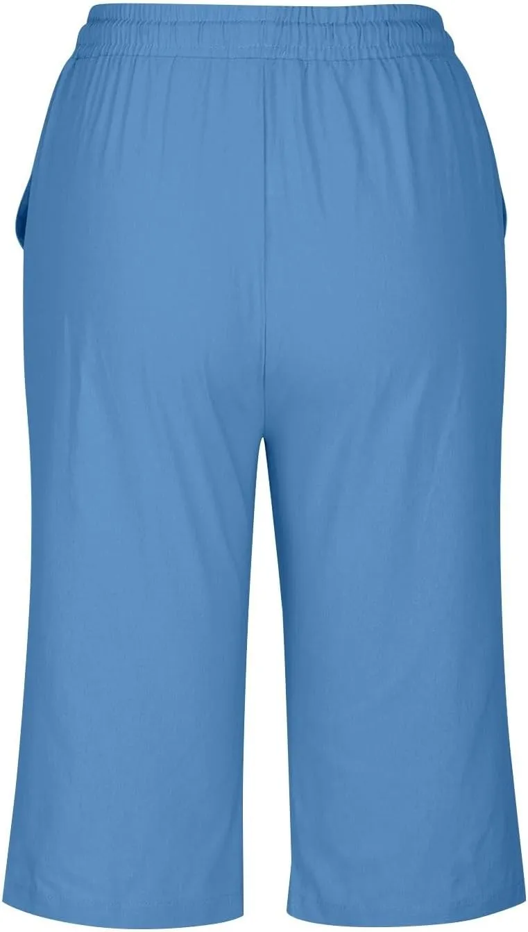 Women's Cotton Linen Capri Straight Leg Pants Elastic Drawstring Casual Trousers with Pockets Summer Beach Pants