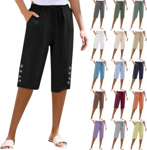 Women's Cotton Linen Capri Straight Leg Pants Elastic Drawstring Casual Trousers with Pockets Summer Beach Pants