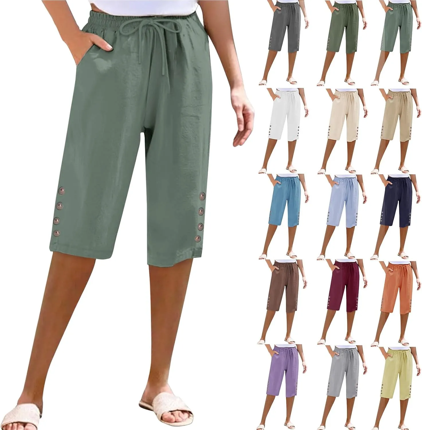Women's Cotton Linen Capri Straight Leg Pants Elastic Drawstring Casual Trousers with Pockets Summer Beach Pants