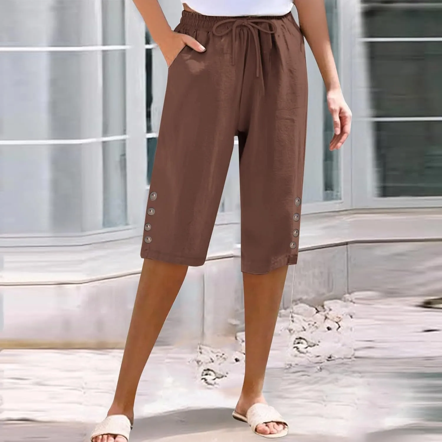 Women's Cotton Linen Capri Straight Leg Pants Elastic Drawstring Casual Trousers with Pockets Summer Beach Pants