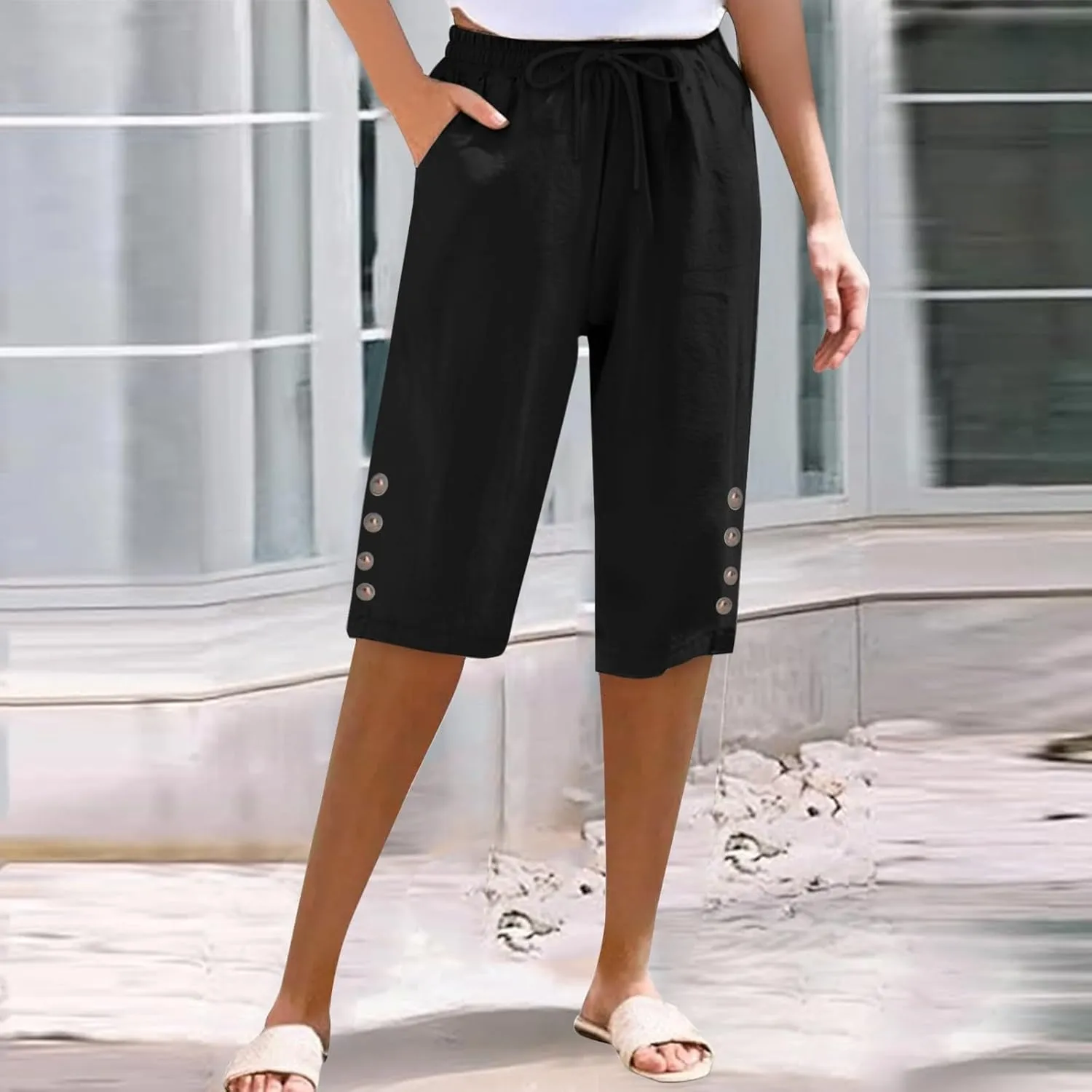Women's Cotton Linen Capri Straight Leg Pants Elastic Drawstring Casual Trousers with Pockets Summer Beach Pants
