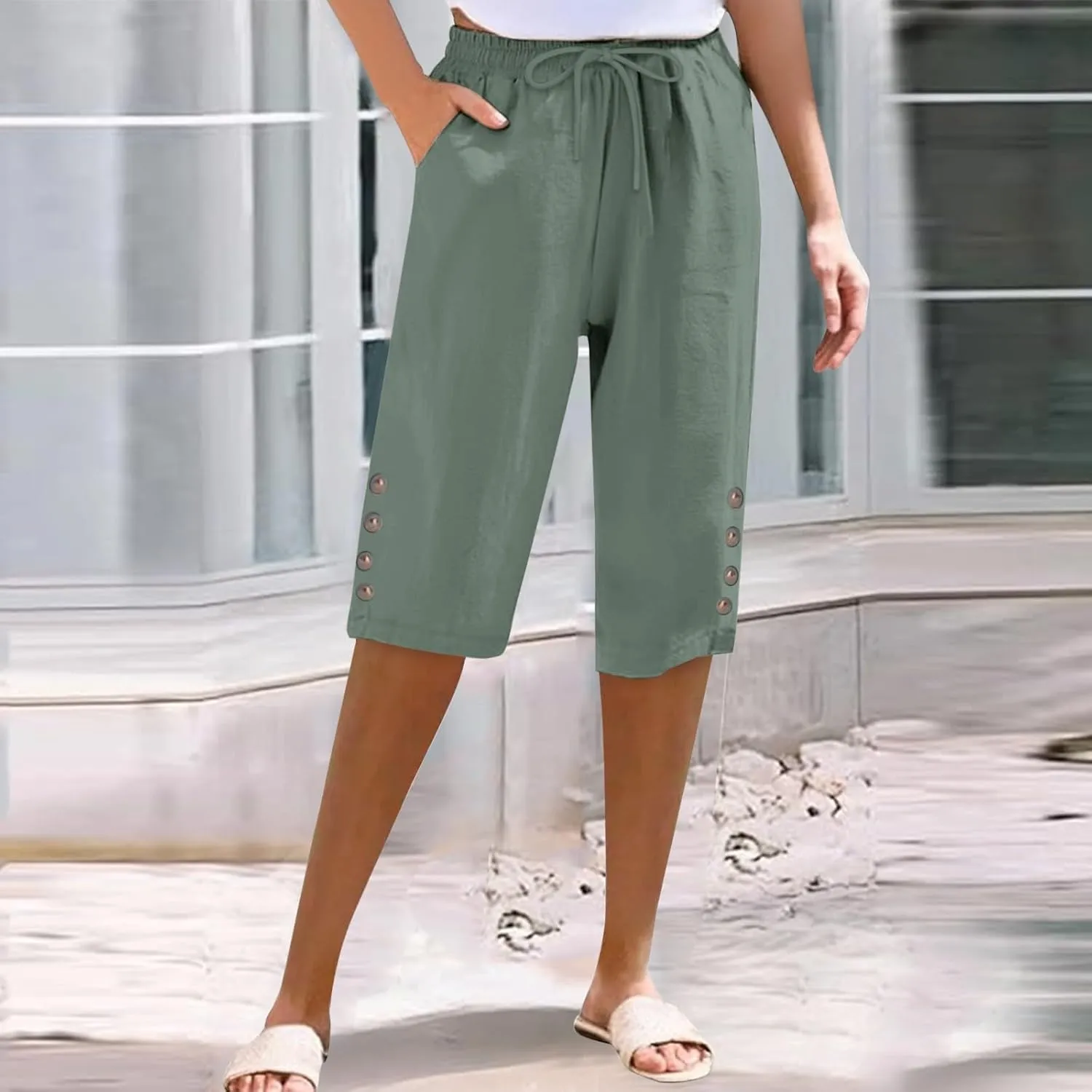 Women's Cotton Linen Capri Straight Leg Pants Elastic Drawstring Casual Trousers with Pockets Summer Beach Pants
