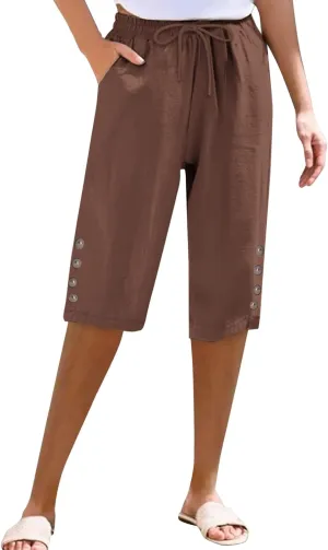 Women's Cotton Linen Capri Straight Leg Pants Elastic Drawstring Casual Trousers with Pockets Summer Beach Pants