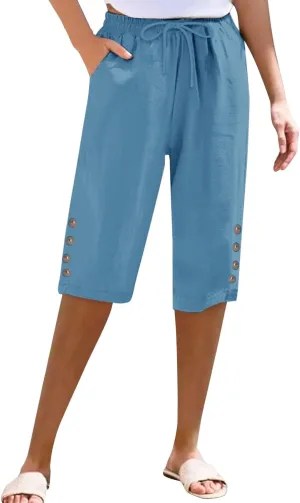 Women's Cotton Linen Capri Straight Leg Pants Elastic Drawstring Casual Trousers with Pockets Summer Beach Pants