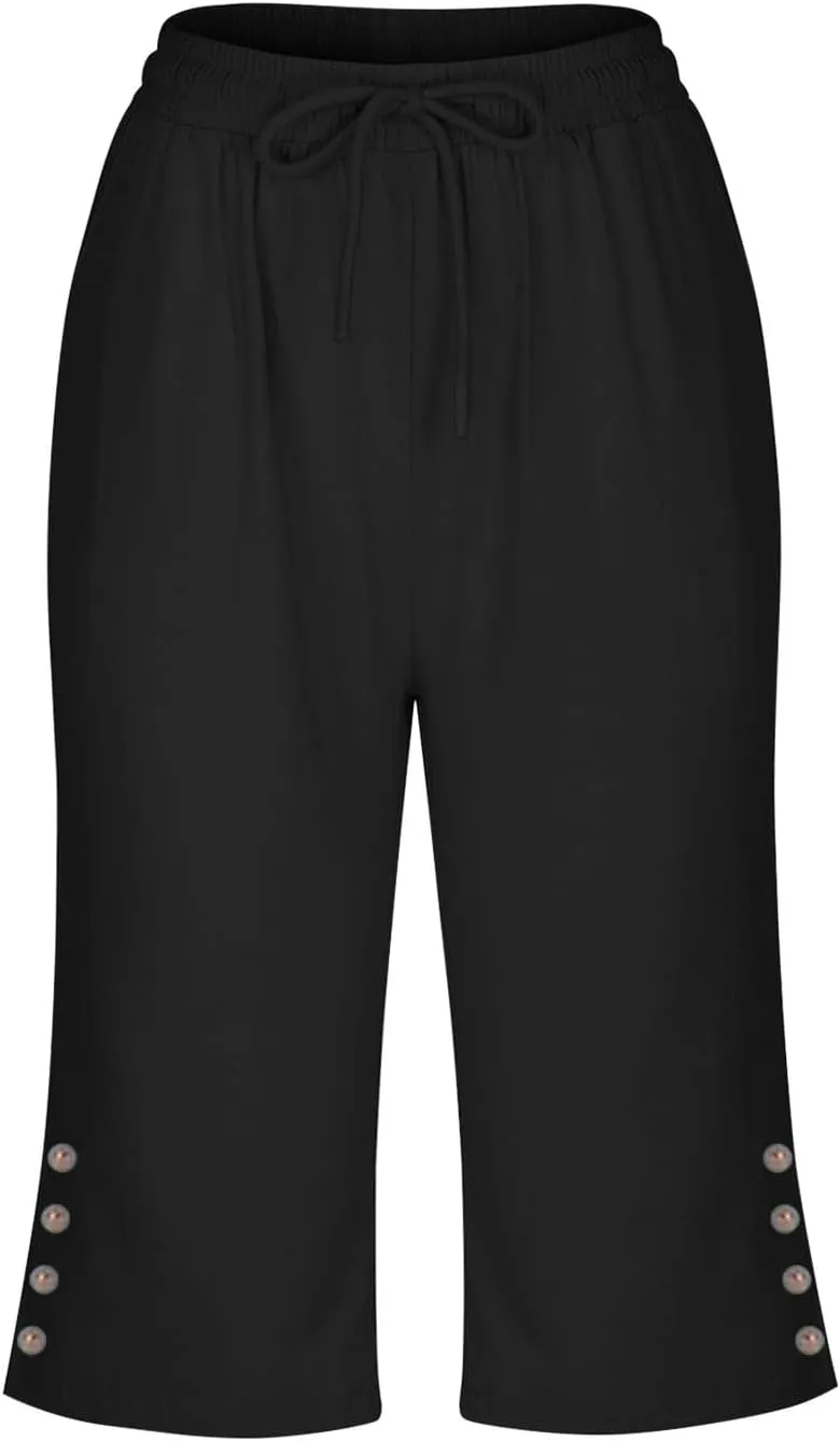 Women's Cotton Linen Capri Straight Leg Pants Elastic Drawstring Casual Trousers with Pockets Summer Beach Pants