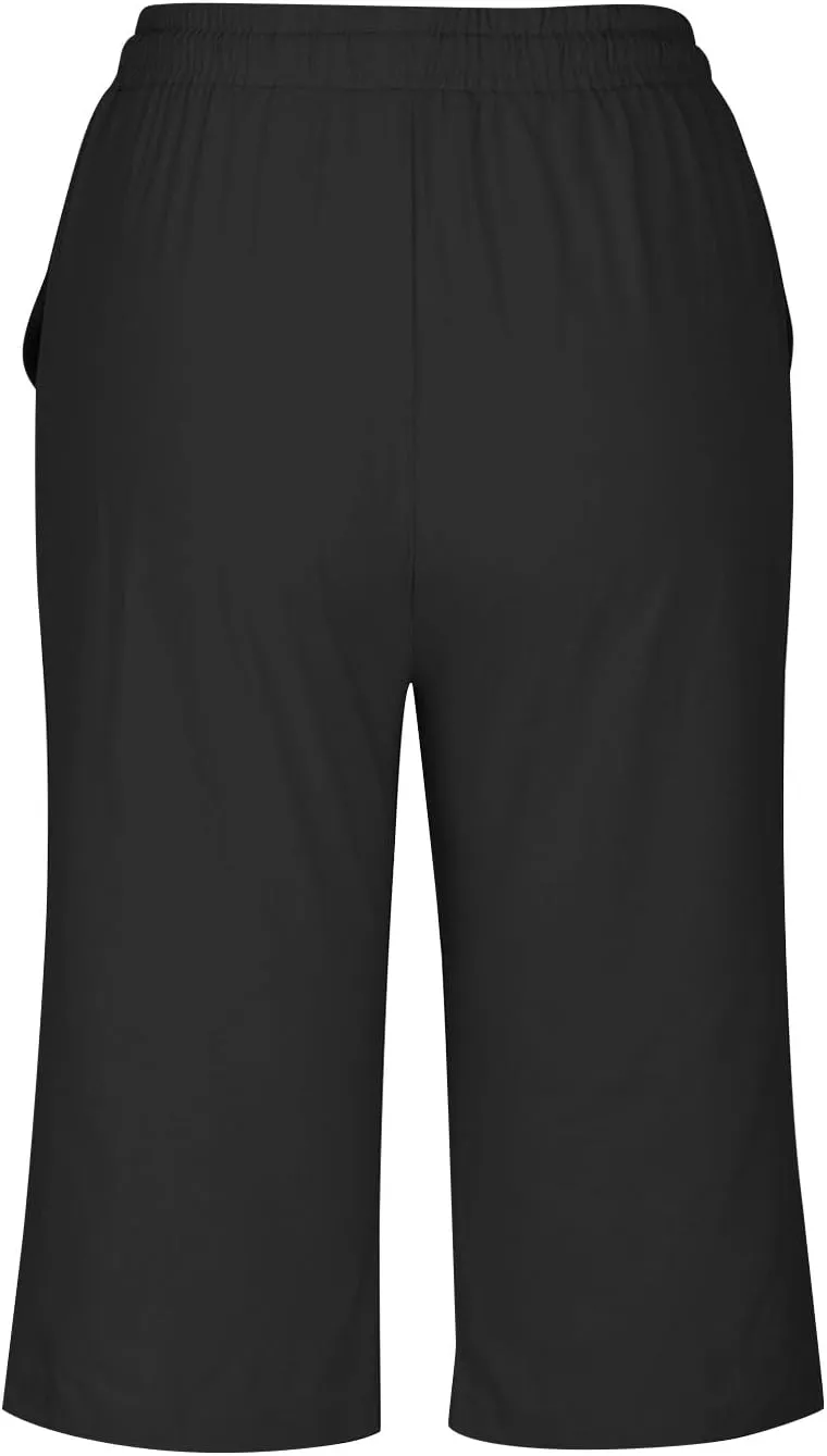 Women's Cotton Linen Capri Straight Leg Pants Elastic Drawstring Casual Trousers with Pockets Summer Beach Pants