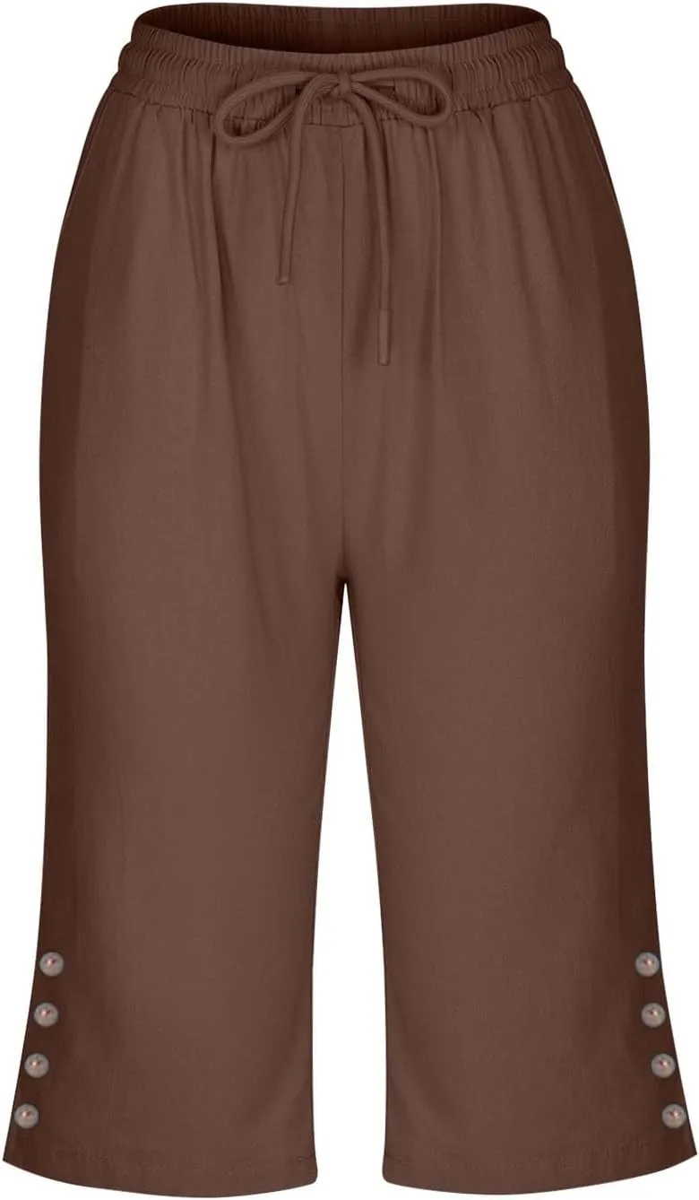 Women's Cotton Linen Capri Straight Leg Pants Elastic Drawstring Casual Trousers with Pockets Summer Beach Pants
