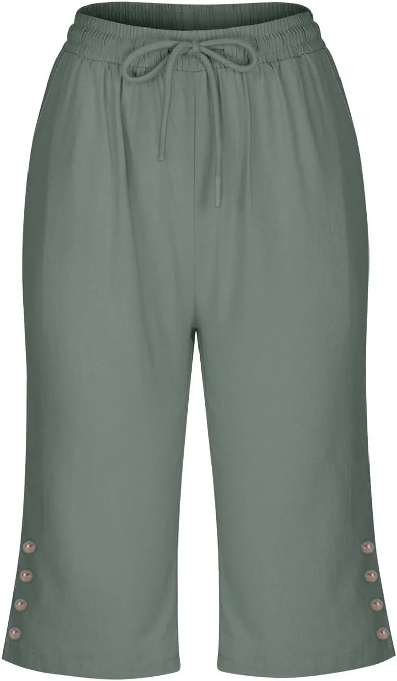 Women's Cotton Linen Capri Straight Leg Pants Elastic Drawstring Casual Trousers with Pockets Summer Beach Pants
