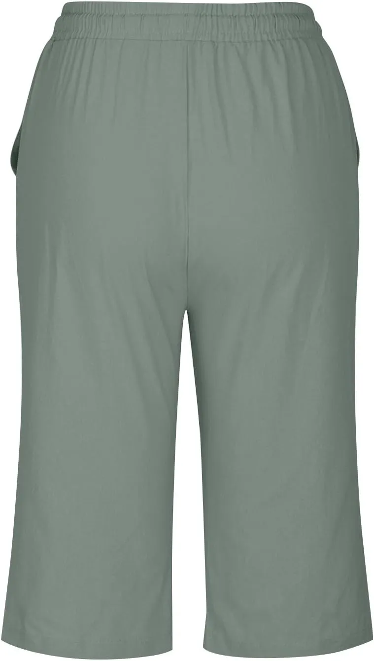 Women's Cotton Linen Capri Straight Leg Pants Elastic Drawstring Casual Trousers with Pockets Summer Beach Pants