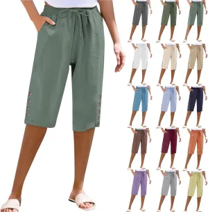 Women's Cotton Linen Capri Straight Leg Pants Elastic Drawstring Casual Trousers with Pockets Summer Beach Pants