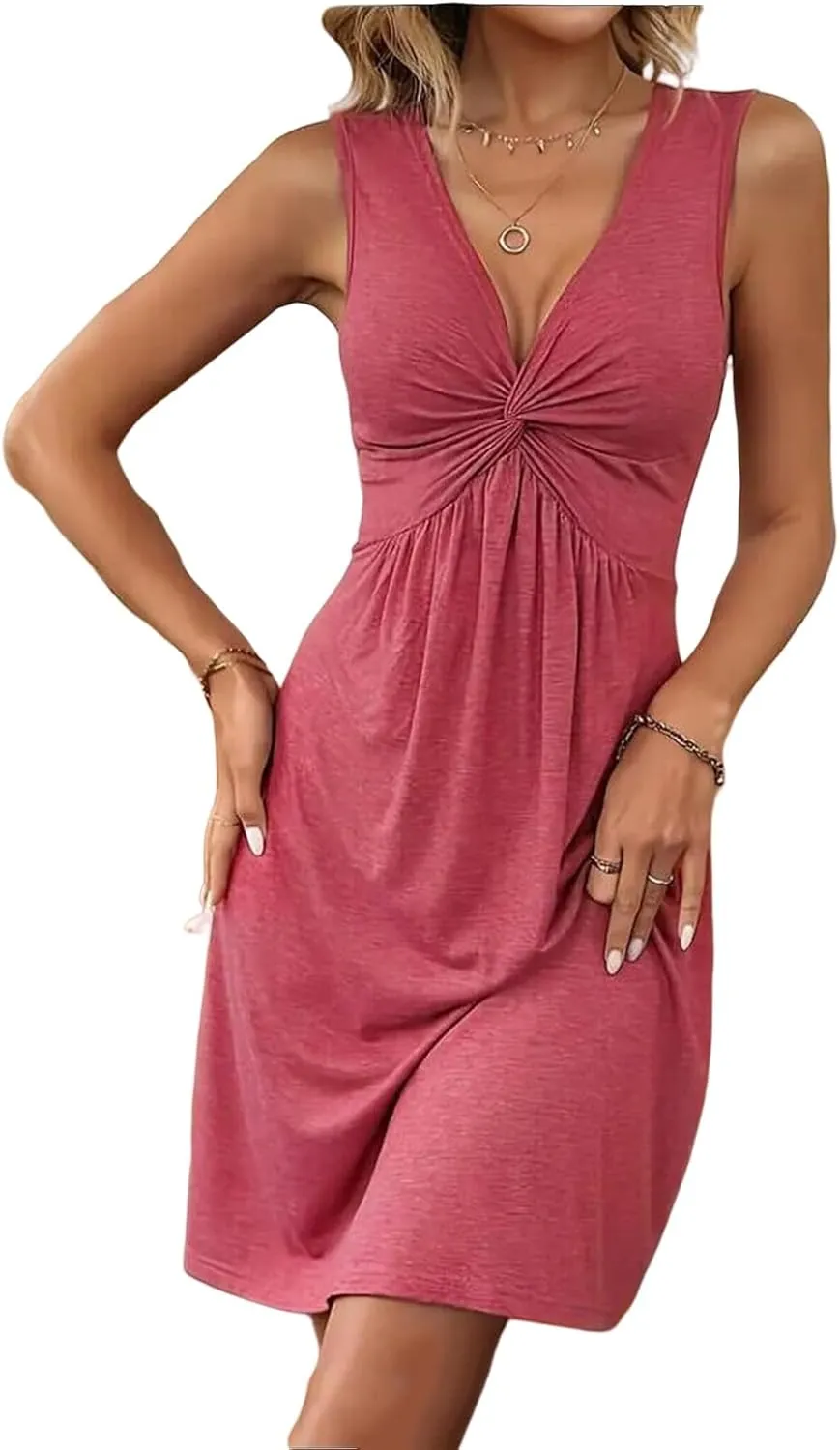 Womens Dresses Twist Front V Neck Ruffle Dress Sexy Sleeveless Tank Sundress Casual A Line Dress Bodycon Mini Dresses