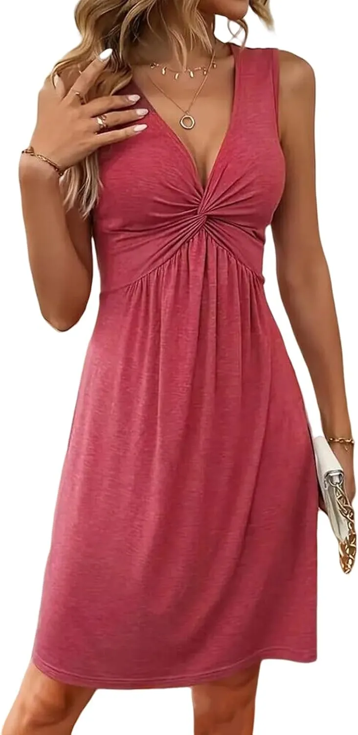 Womens Dresses Twist Front V Neck Ruffle Dress Sexy Sleeveless Tank Sundress Casual A Line Dress Bodycon Mini Dresses