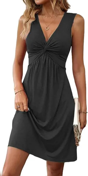 Womens Dresses Twist Front V Neck Ruffle Dress Sexy Sleeveless Tank Sundress Casual A Line Dress Bodycon Mini Dresses