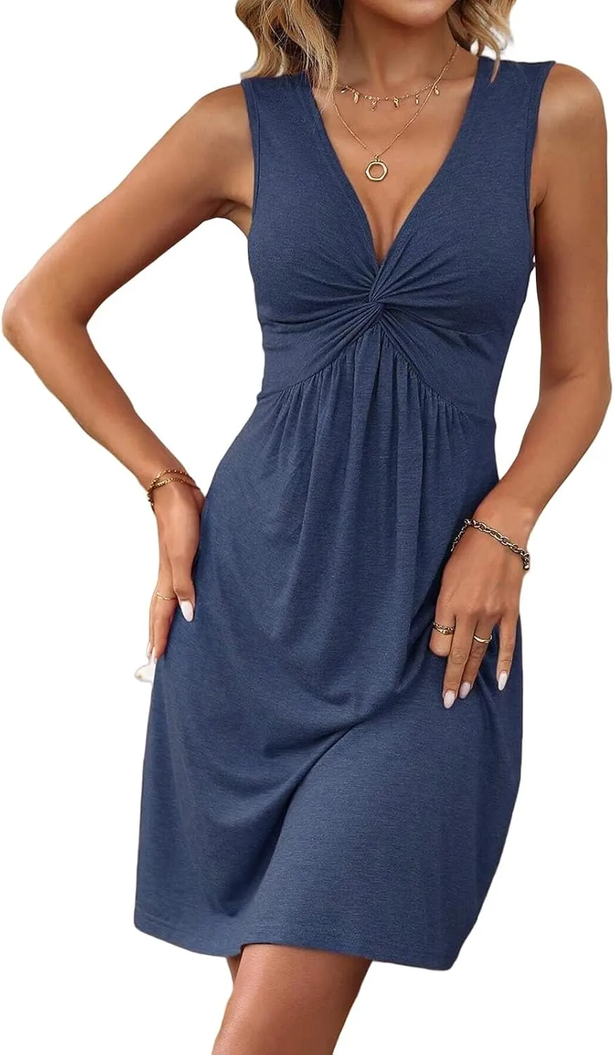 Womens Dresses Twist Front V Neck Ruffle Dress Sexy Sleeveless Tank Sundress Casual A Line Dress Bodycon Mini Dresses