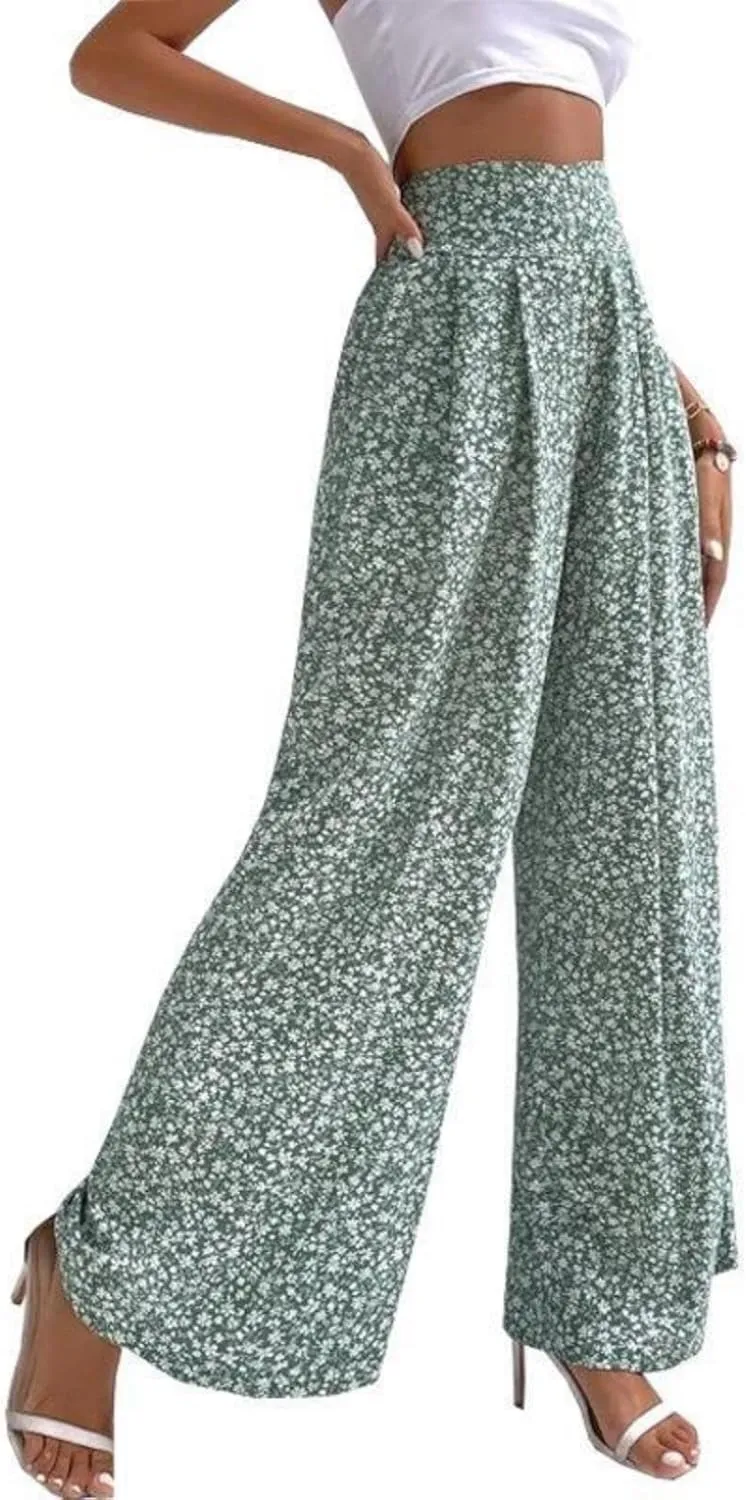 Womens Floral Print Pants High Waisted Tummy Control Trousers Wide Leg Long Lounge Pant Fashion Comfy Summer Trouser