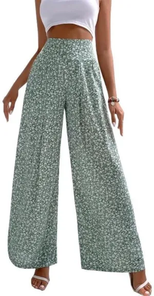 Womens Floral Print Pants High Waisted Tummy Control Trousers Wide Leg Long Lounge Pant Fashion Comfy Summer Trouser