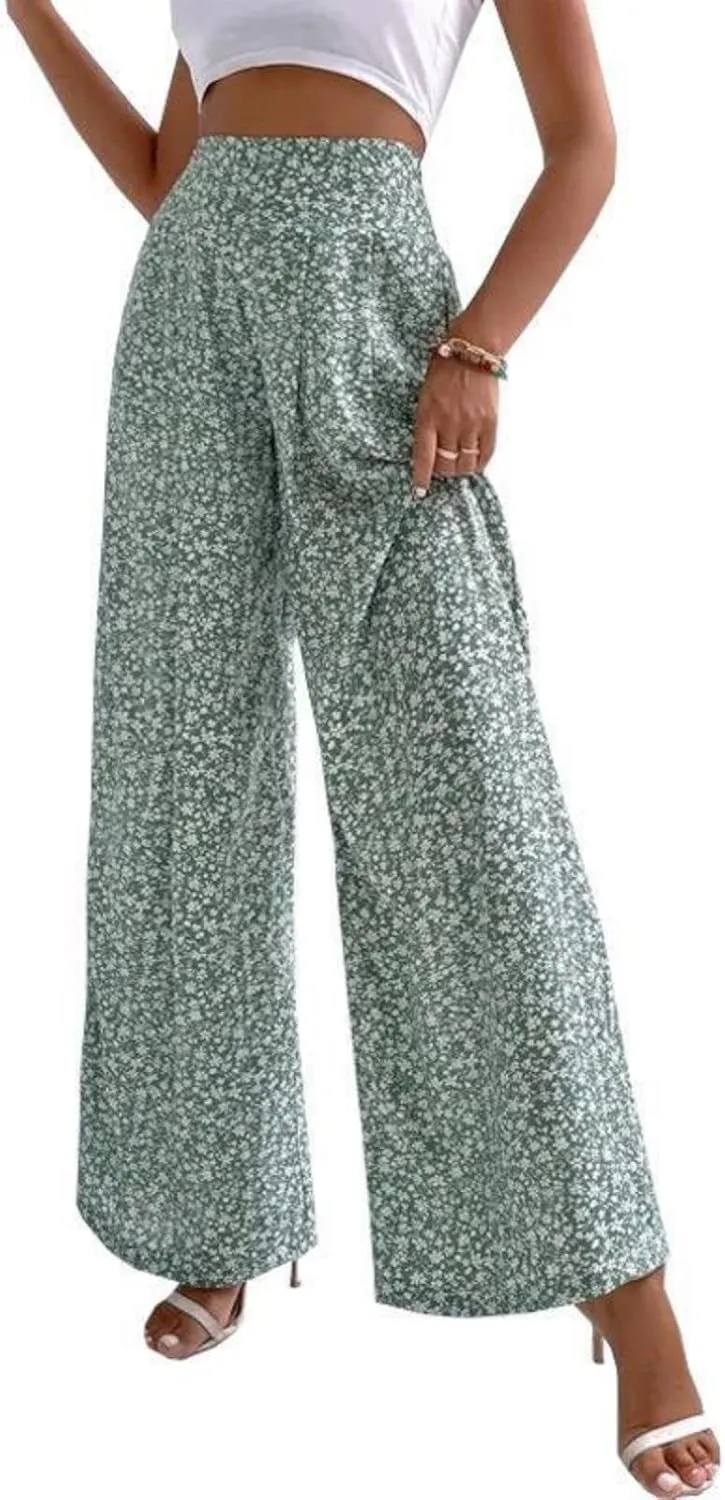 Womens Floral Print Pants High Waisted Tummy Control Trousers Wide Leg Long Lounge Pant Fashion Comfy Summer Trouser