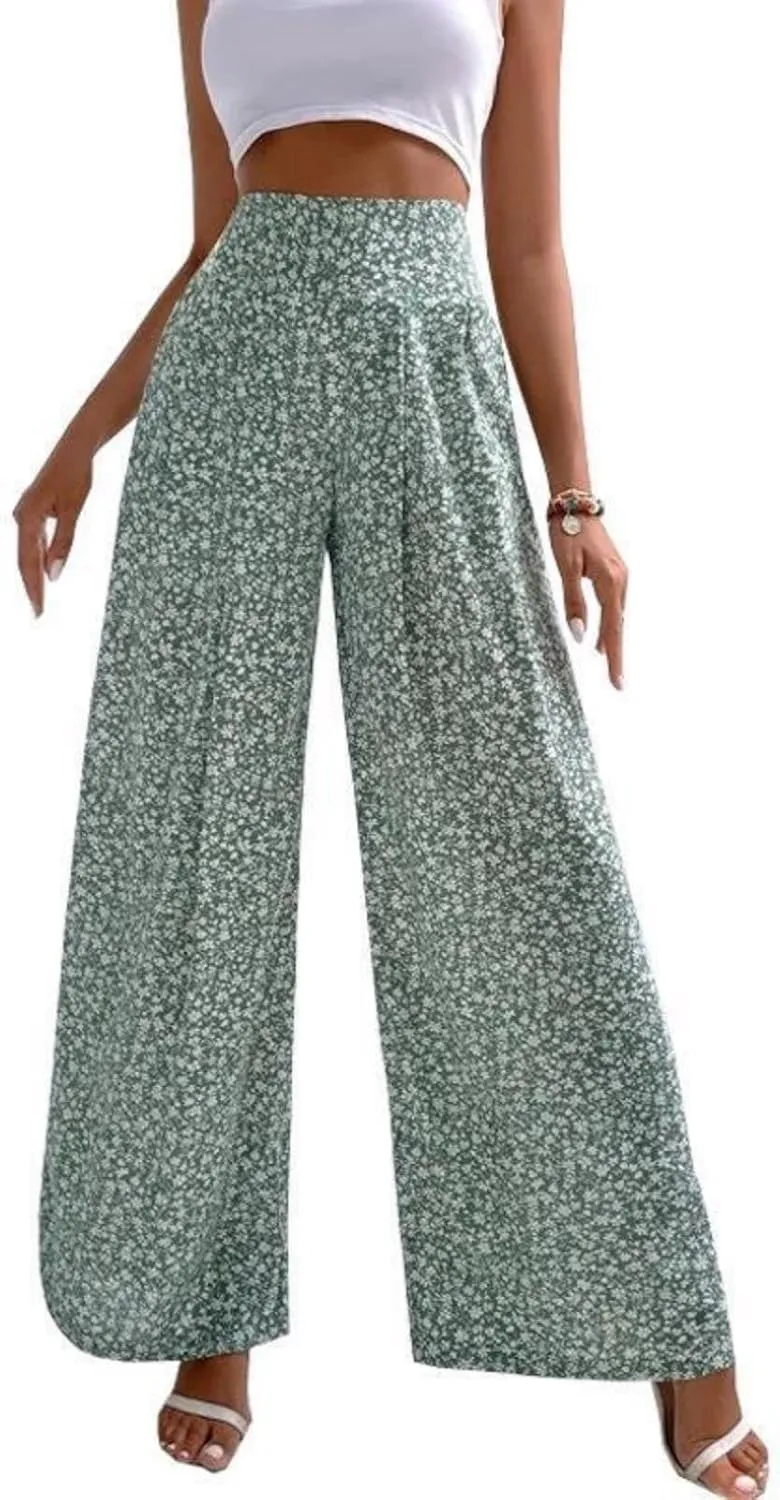 Womens Floral Print Pants High Waisted Tummy Control Trousers Wide Leg Long Lounge Pant Fashion Comfy Summer Trouser
