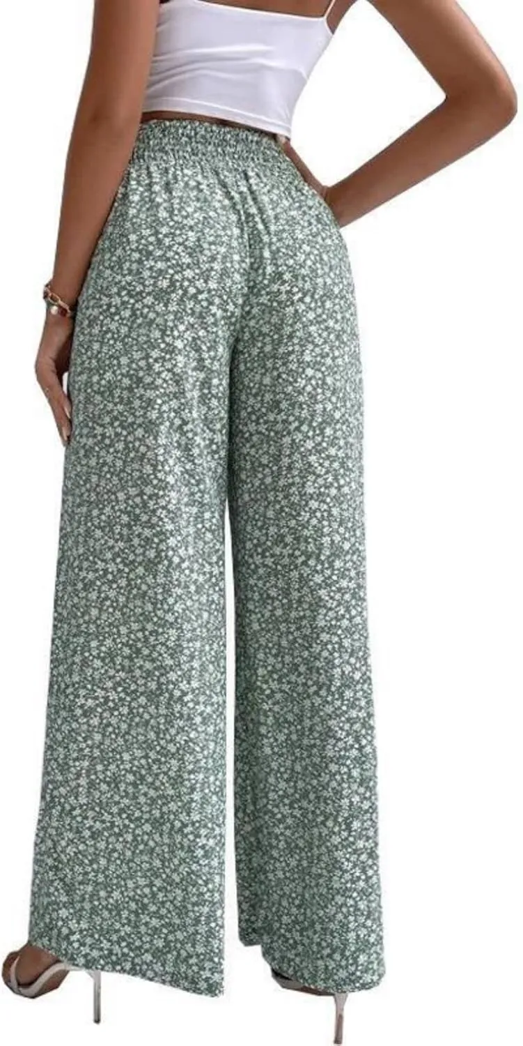 Womens Floral Print Pants High Waisted Tummy Control Trousers Wide Leg Long Lounge Pant Fashion Comfy Summer Trouser