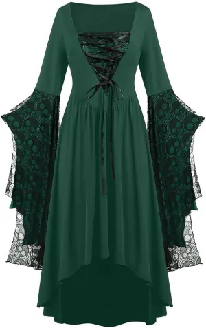 Womens Goth Gothic Dress Mesh 3/4 Dolman Bell Sleeve Medieval Grunge Dress Square Neck Maxi Long Dresses for Women 2025