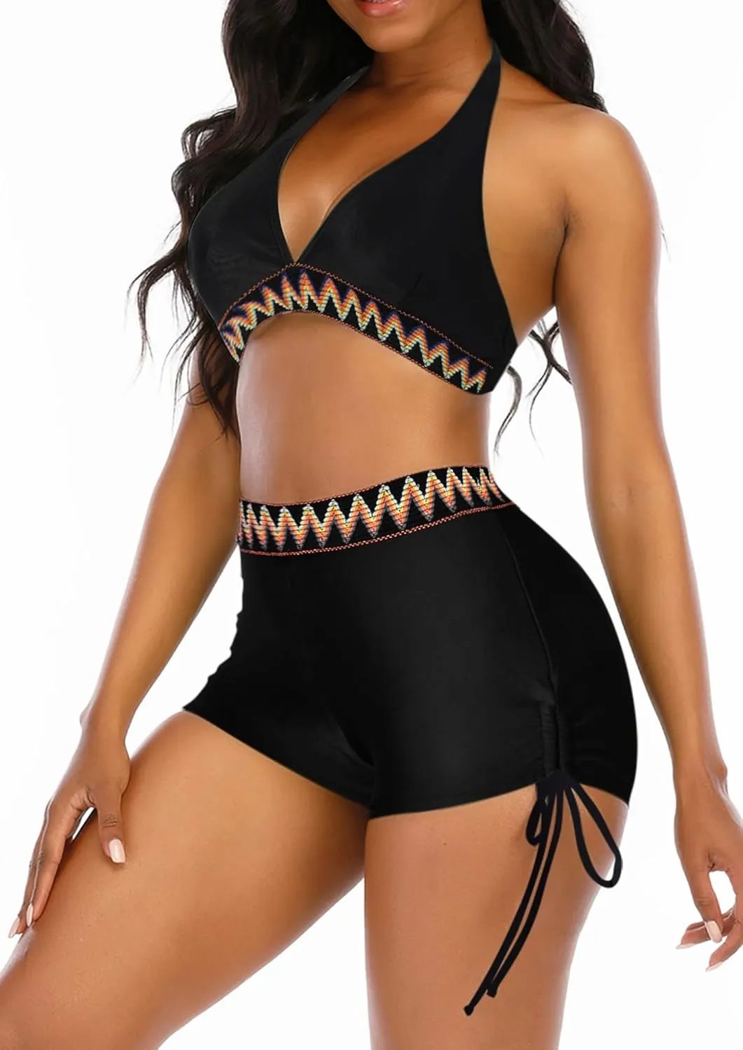Womens High Waisted Swimsuits with Boy Shorts Brazilian Triangle Top Stripes Halter Bikini Two Piece Bathing Suits