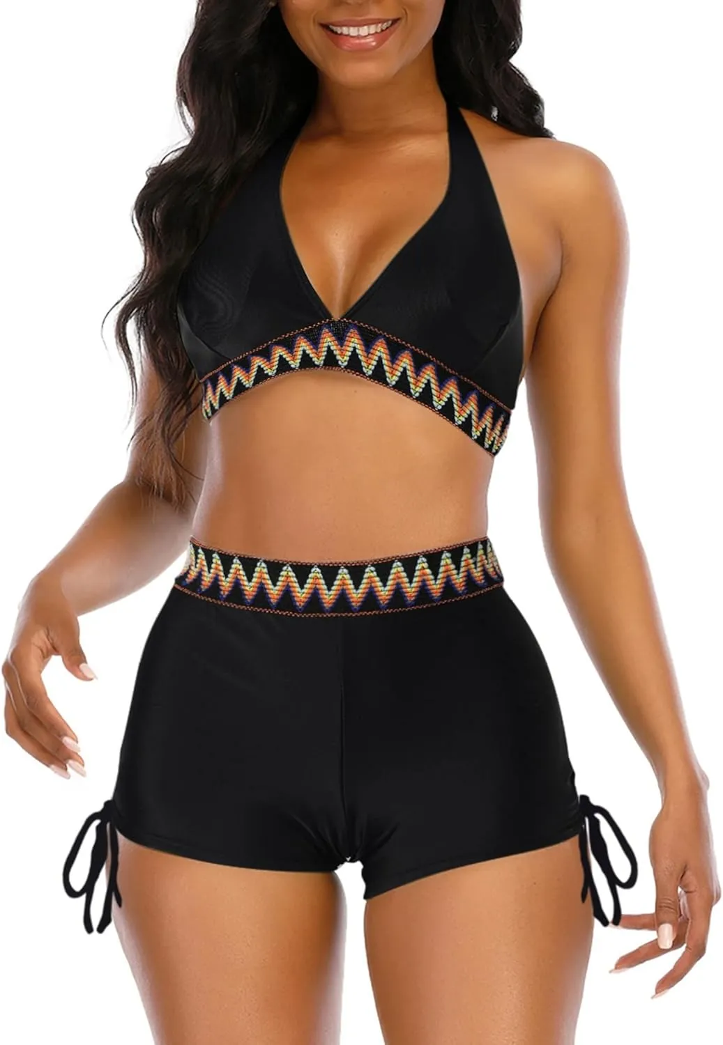 Womens High Waisted Swimsuits with Boy Shorts Brazilian Triangle Top Stripes Halter Bikini Two Piece Bathing Suits
