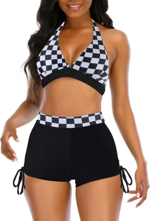 Womens High Waisted Swimsuits with Boy Shorts Brazilian Triangle Top Stripes Halter Bikini Two Piece Bathing Suits