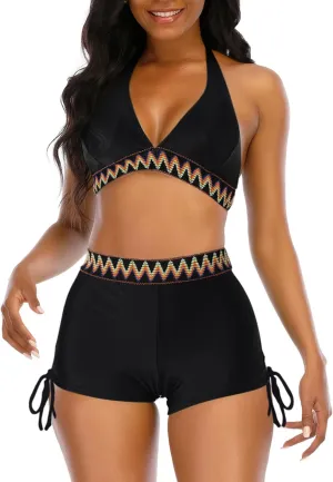Womens High Waisted Swimsuits with Boy Shorts Brazilian Triangle Top Stripes Halter Bikini Two Piece Bathing Suits