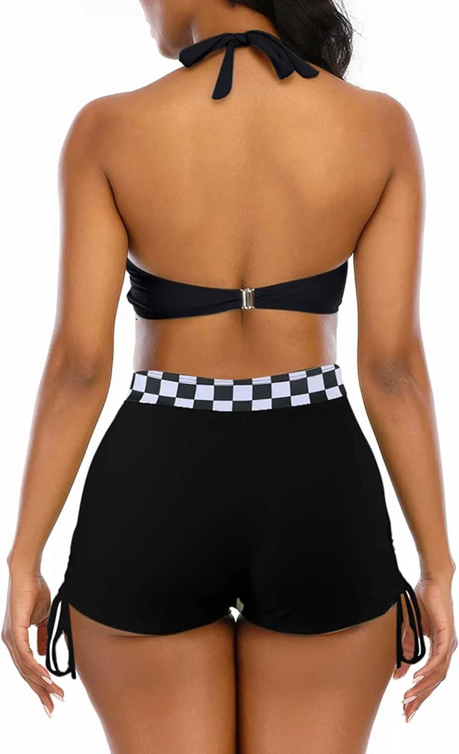 Womens High Waisted Swimsuits with Boy Shorts Brazilian Triangle Top Stripes Halter Bikini Two Piece Bathing Suits
